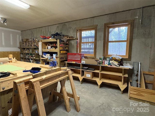 misc room with concrete flooring and a workshop area