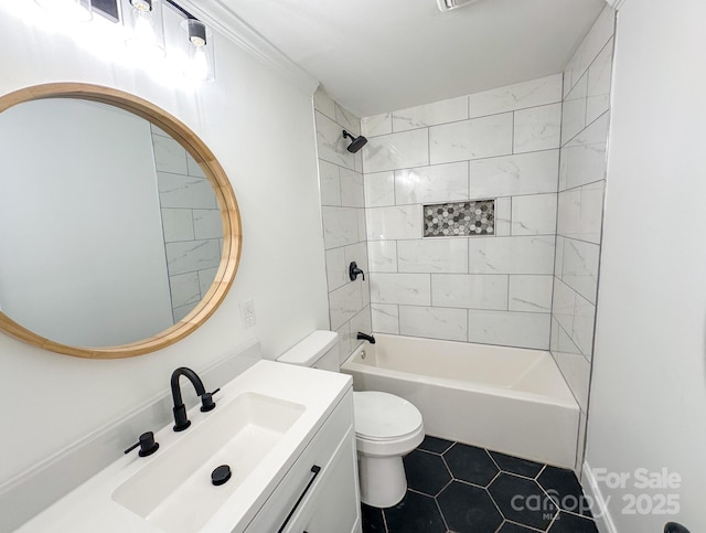 bathroom featuring toilet, vanity, and washtub / shower combination