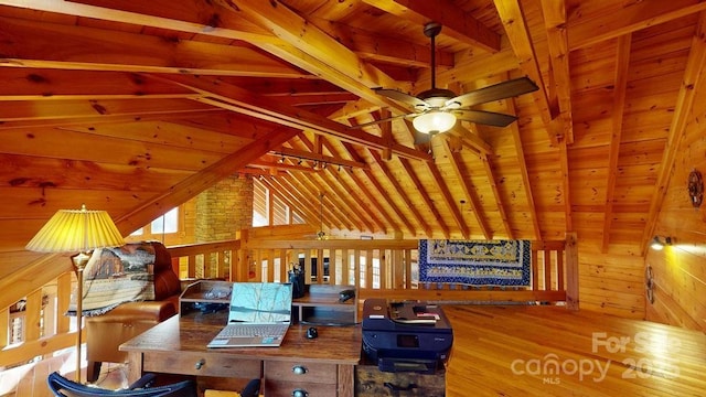 office space with wood ceiling, ceiling fan, and vaulted ceiling with beams