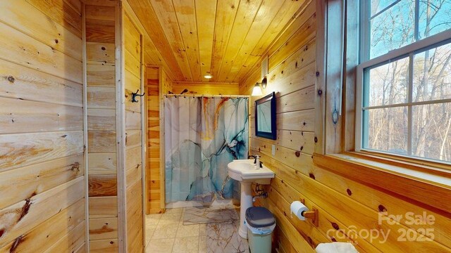 714 Heartwood Dr, Marion, NC 28752 - bathroom featuring wood ceiling, wooden walls, a shower with curtain, plenty of natural light, and toilet