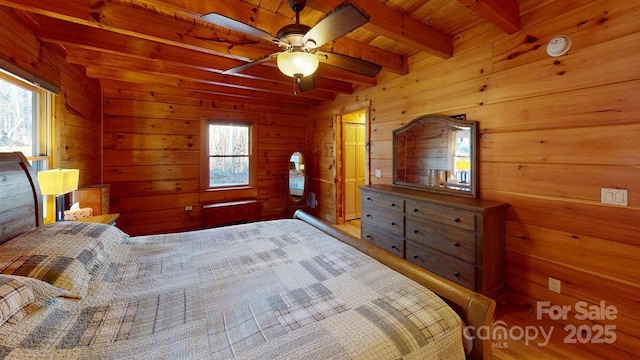 714 Heartwood Dr, Marion, NC 28752 - bedroom with wood ceiling with exposed beams, wood walls, and wood finished floors