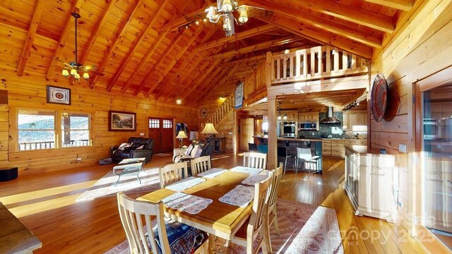 714 Heartwood Dr, Marion, NC 28752 - dining room featuring ceiling fan, wood walls, wood-type flooring, high vaulted ceiling, and wood ceiling