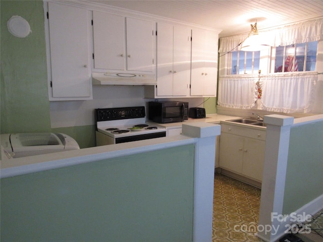 kitchen featuring under cabinet range hood, range with electric cooktop, a sink, black microwave, and white cabinetry