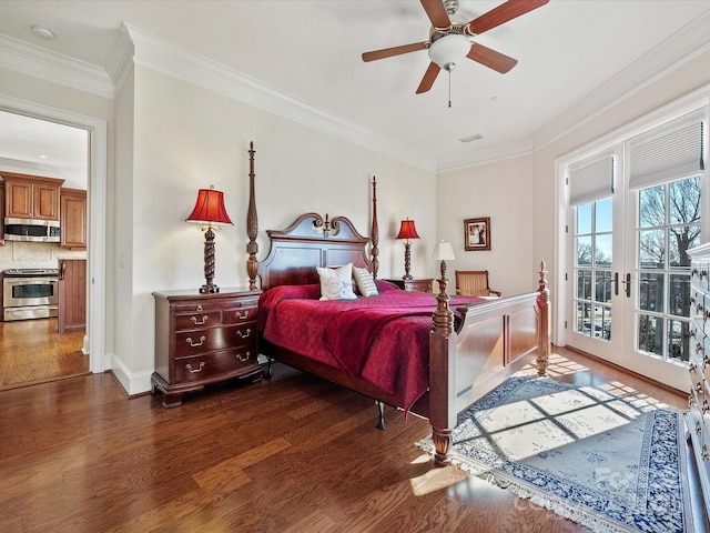 bedroom featuring dark wood-type flooring, french doors, ornamental molding, ceiling fan, and access to exterior