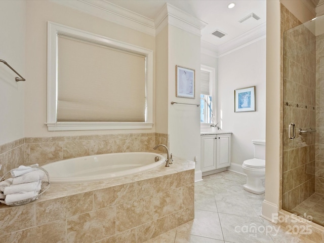 full bathroom with plus walk in shower, tile patterned flooring, vanity, toilet, and crown molding