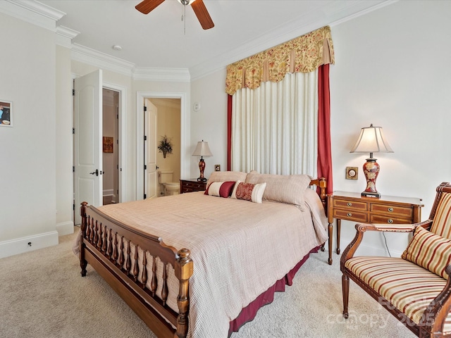 bedroom with crown molding, light colored carpet, and ceiling fan