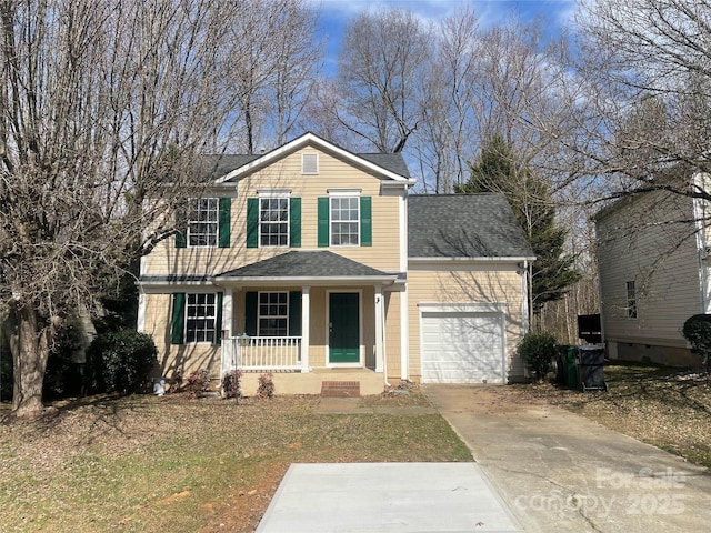 traditional home with a garage, a porch, concrete driveway, and roof with shingles