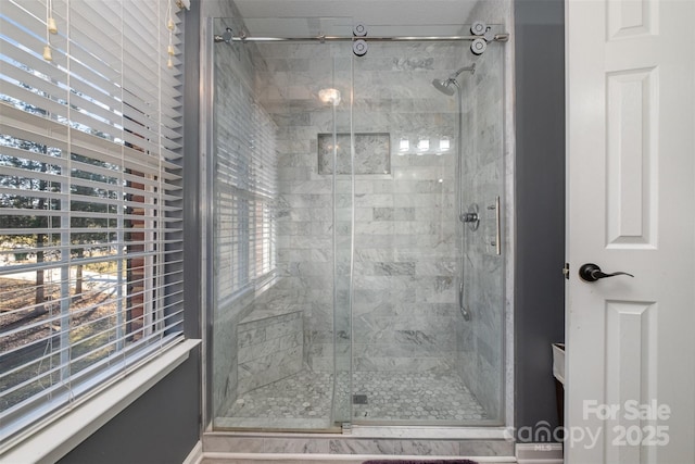 bathroom featuring a shower with shower door