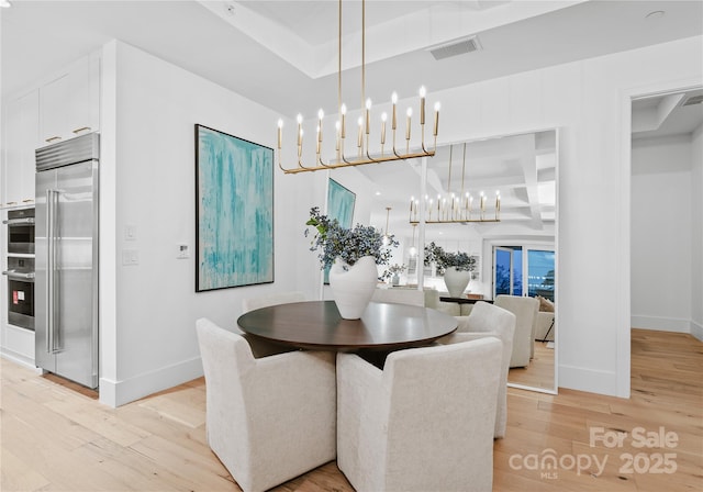 dining area with beamed ceiling, coffered ceiling, a notable chandelier, and light wood-type flooring