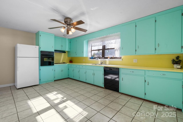 kitchen with sink, black appliances, ceiling fan, and light tile patterned flooring