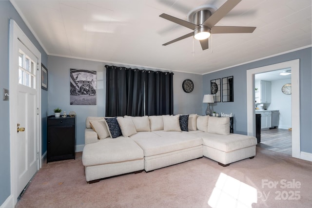 carpeted living room with crown molding and ceiling fan