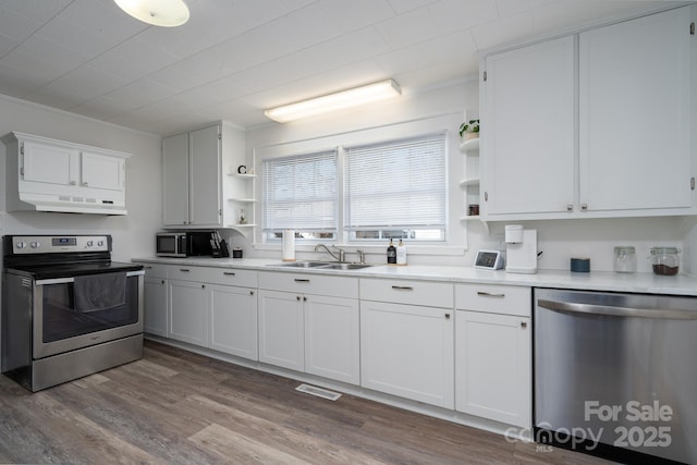 kitchen featuring white cabinetry, stainless steel appliances, sink, and wood-type flooring