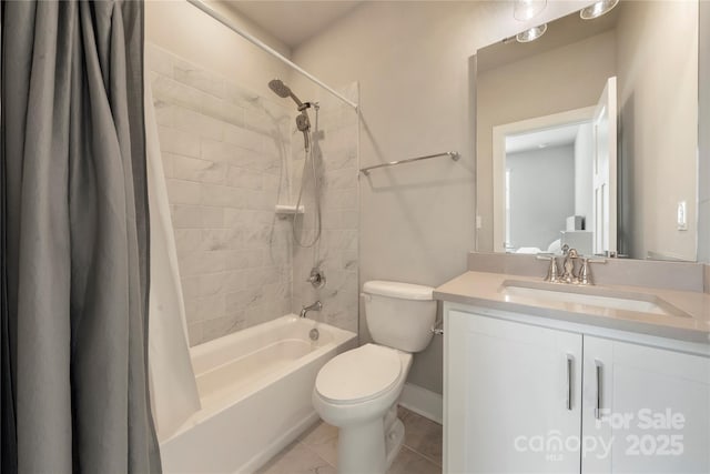 full bathroom with vanity, shower / bathtub combination with curtain, tile patterned floors, and toilet