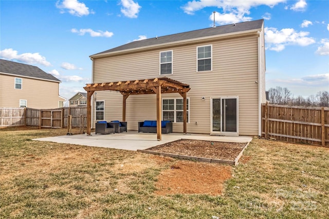 rear view of house with a patio, outdoor lounge area, a yard, and a pergola