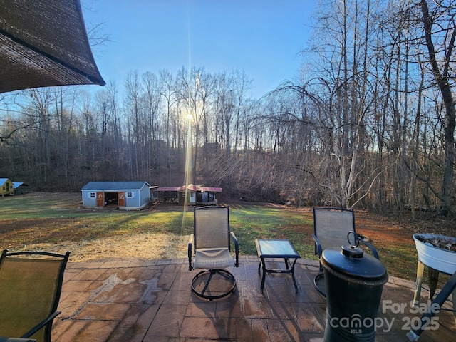 view of patio / terrace with a shed