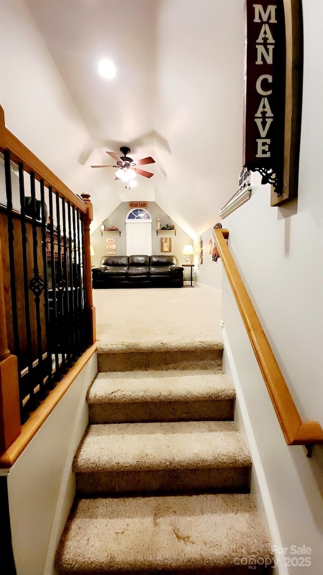 306 Bluegill Ln, Statesville, NC 28625 - stairway with a ceiling fan, carpet, and lofted ceiling