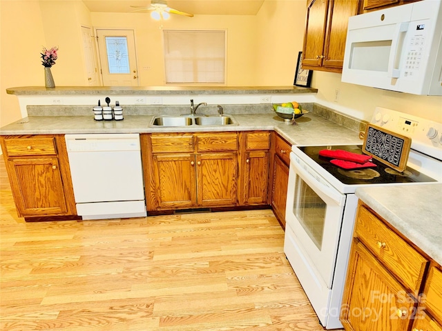 kitchen with sink, white appliances, light hardwood / wood-style floors, and ceiling fan