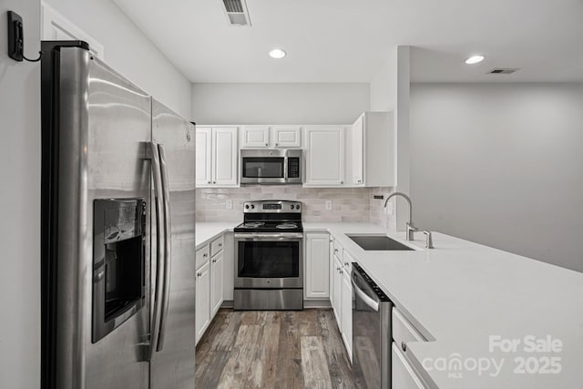 kitchen with sink, backsplash, white cabinets, dark hardwood / wood-style flooring, and stainless steel appliances