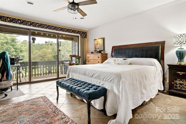 bedroom with ornamental molding, access to outside, and ceiling fan