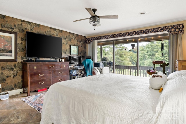 bedroom with access to outside, ornamental molding, and ceiling fan