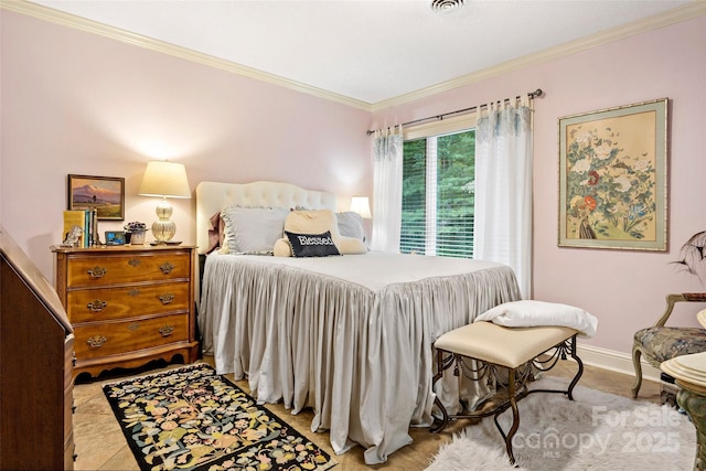 tiled bedroom with ornamental molding