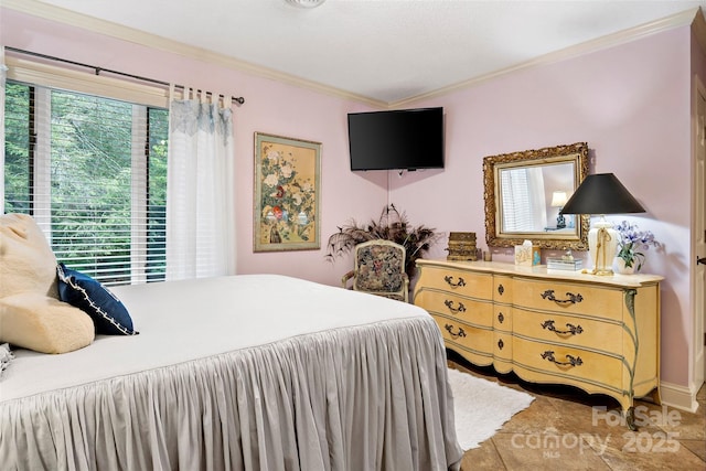 bedroom featuring multiple windows, crown molding, and tile patterned floors