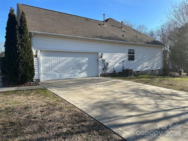 view of property exterior with central AC unit and a garage