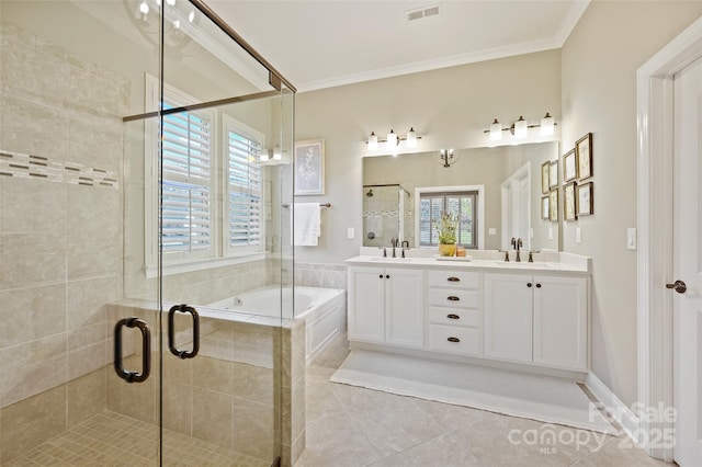 bathroom featuring independent shower and bath, crown molding, tile patterned floors, and vanity