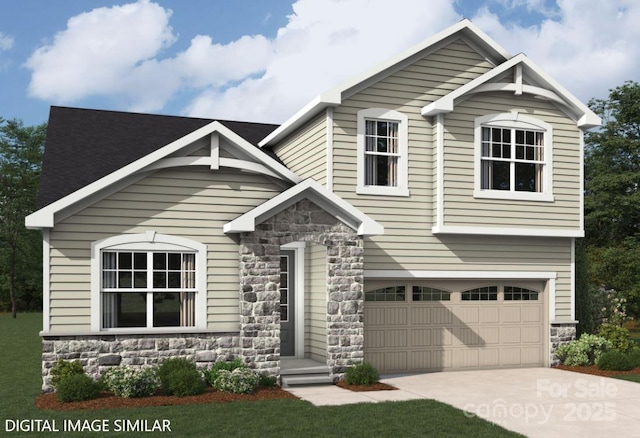 view of front of property featuring concrete driveway, an attached garage, and stone siding