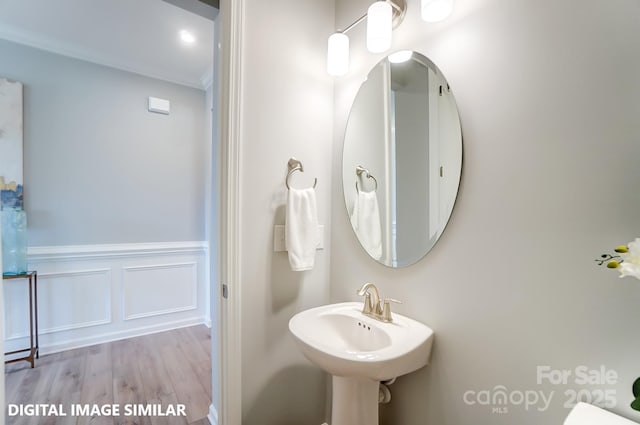 bathroom with ornamental molding, wainscoting, a decorative wall, and wood finished floors