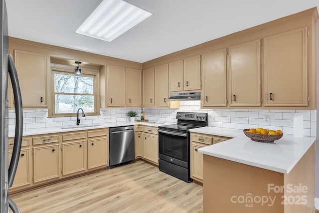 kitchen with sink, light hardwood / wood-style flooring, stainless steel appliances, decorative backsplash, and kitchen peninsula