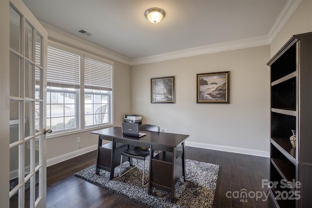 office area with dark wood-type flooring and crown molding