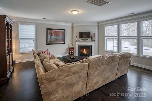 living room with crown molding and dark hardwood / wood-style flooring