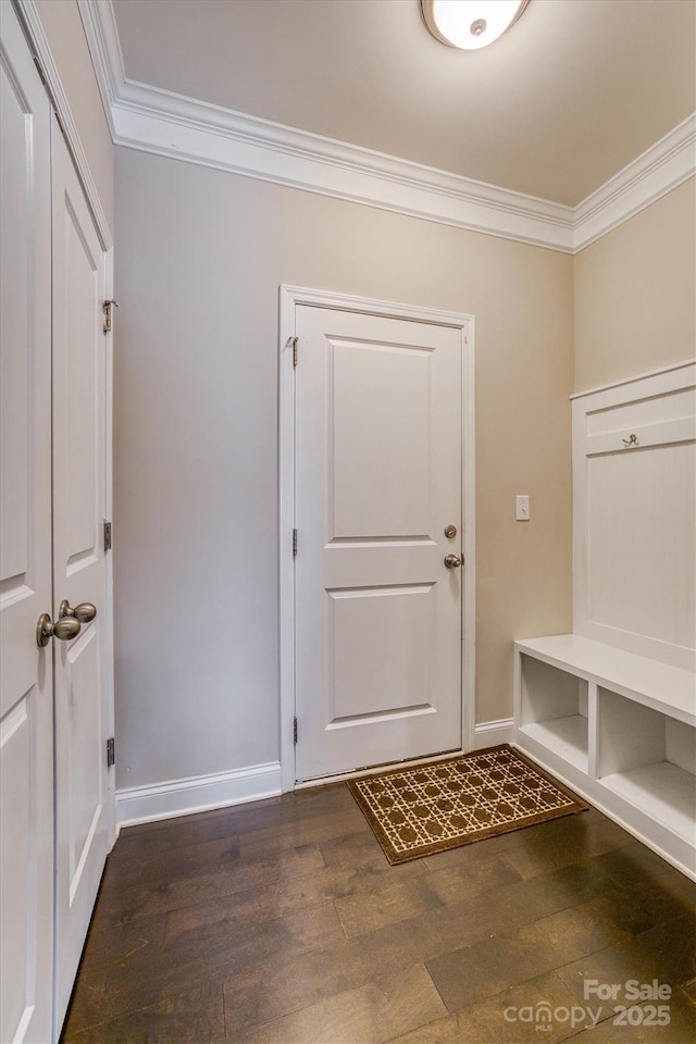 mudroom with dark hardwood / wood-style flooring and ornamental molding