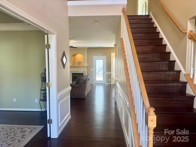 stairway with hardwood / wood-style floors