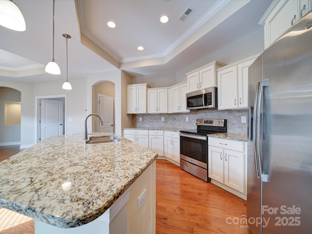 kitchen featuring sink, white cabinetry, appliances with stainless steel finishes, a tray ceiling, and an island with sink