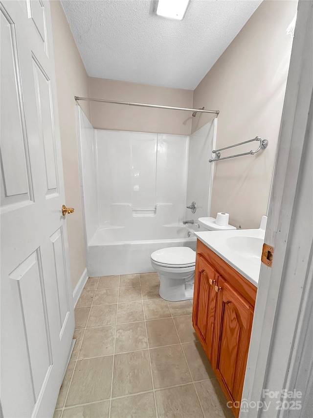 full bathroom with shower / bathtub combination, vanity, toilet, tile patterned floors, and a textured ceiling