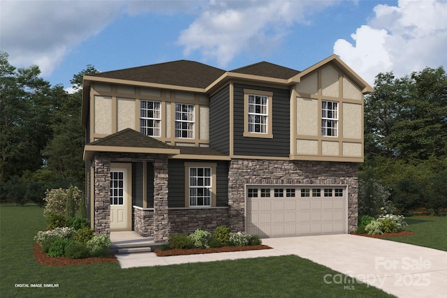 view of front of property featuring a garage, concrete driveway, roof with shingles, and stucco siding