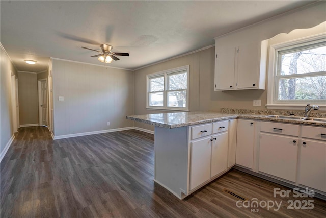 kitchen featuring white cabinetry, sink, ornamental molding, and kitchen peninsula