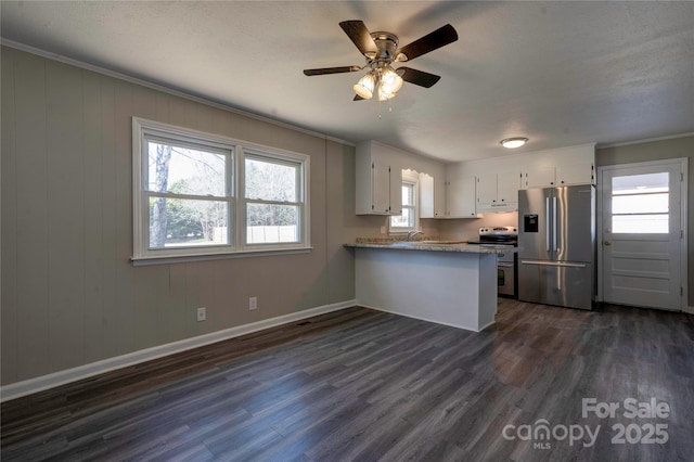 kitchen featuring white cabinetry, light stone counters, dark hardwood / wood-style floors, kitchen peninsula, and stainless steel appliances