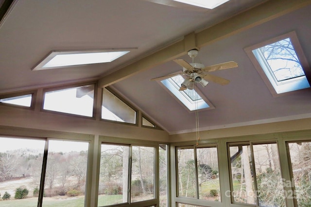 unfurnished sunroom featuring vaulted ceiling with skylight and ceiling fan