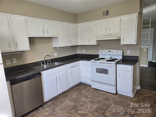 kitchen with electric stove, white cabinetry, dishwasher, and sink