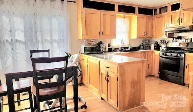 kitchen featuring sink, stainless steel range with gas stovetop, light brown cabinets, and light hardwood / wood-style floors