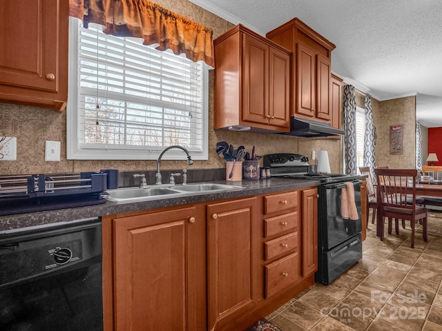 kitchen with sink, light tile patterned floors, black appliances, crown molding, and a textured ceiling