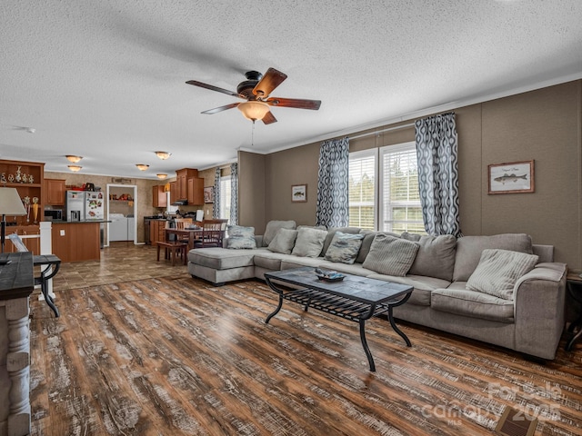 living room featuring dark hardwood / wood-style floors, a textured ceiling, and ceiling fan