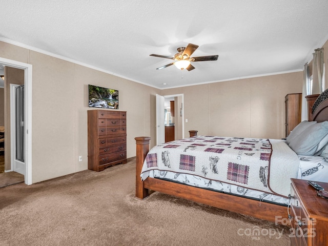 bedroom featuring crown molding, a textured ceiling, ceiling fan, and carpet