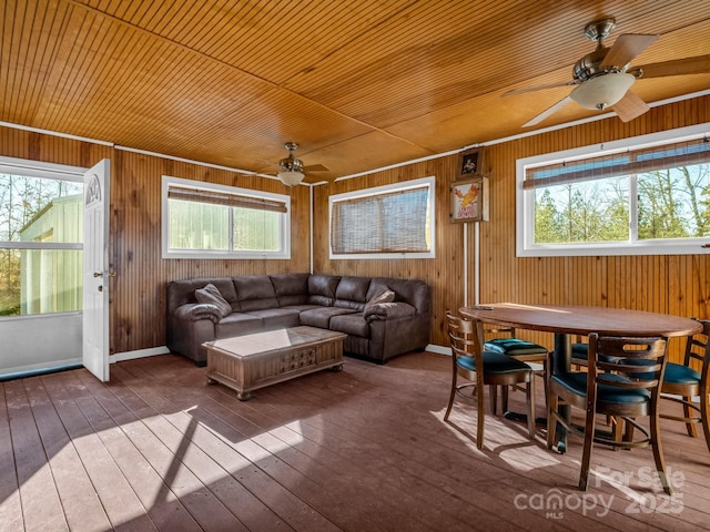 living room featuring wooden ceiling, wooden walls, and a wealth of natural light