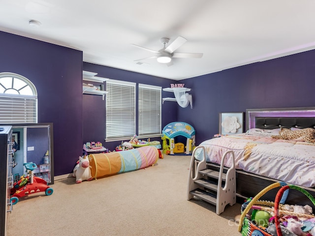 bedroom featuring carpet flooring and ceiling fan