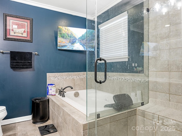 bathroom featuring crown molding, toilet, a shower stall, baseboards, and a bath