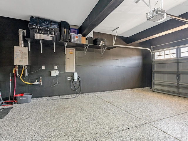 garage with electric panel and a garage door opener